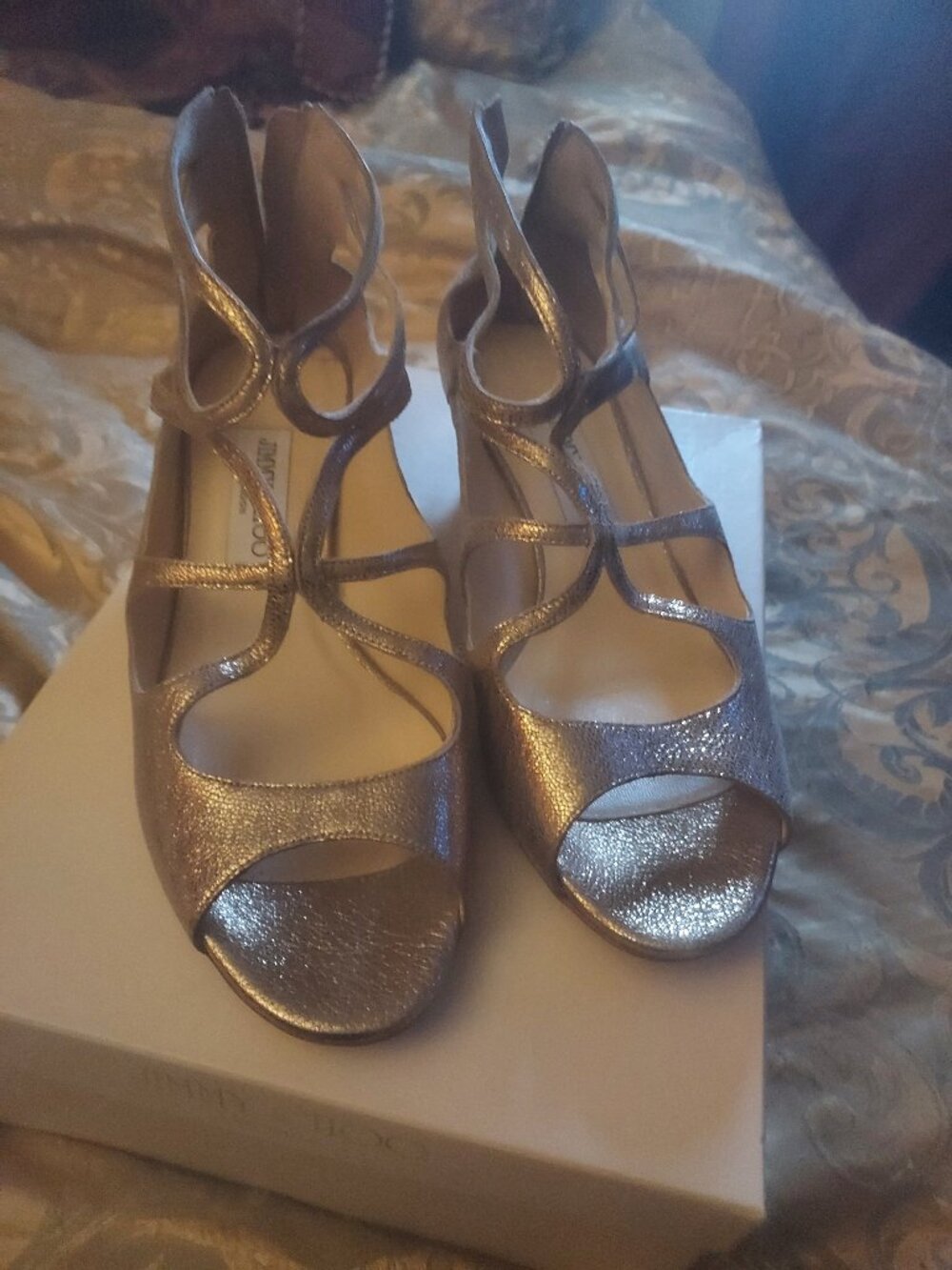 JIMMY CHOO GOLD GLITTER FABRIC WEDGE GLADIATOR SANDALS 39